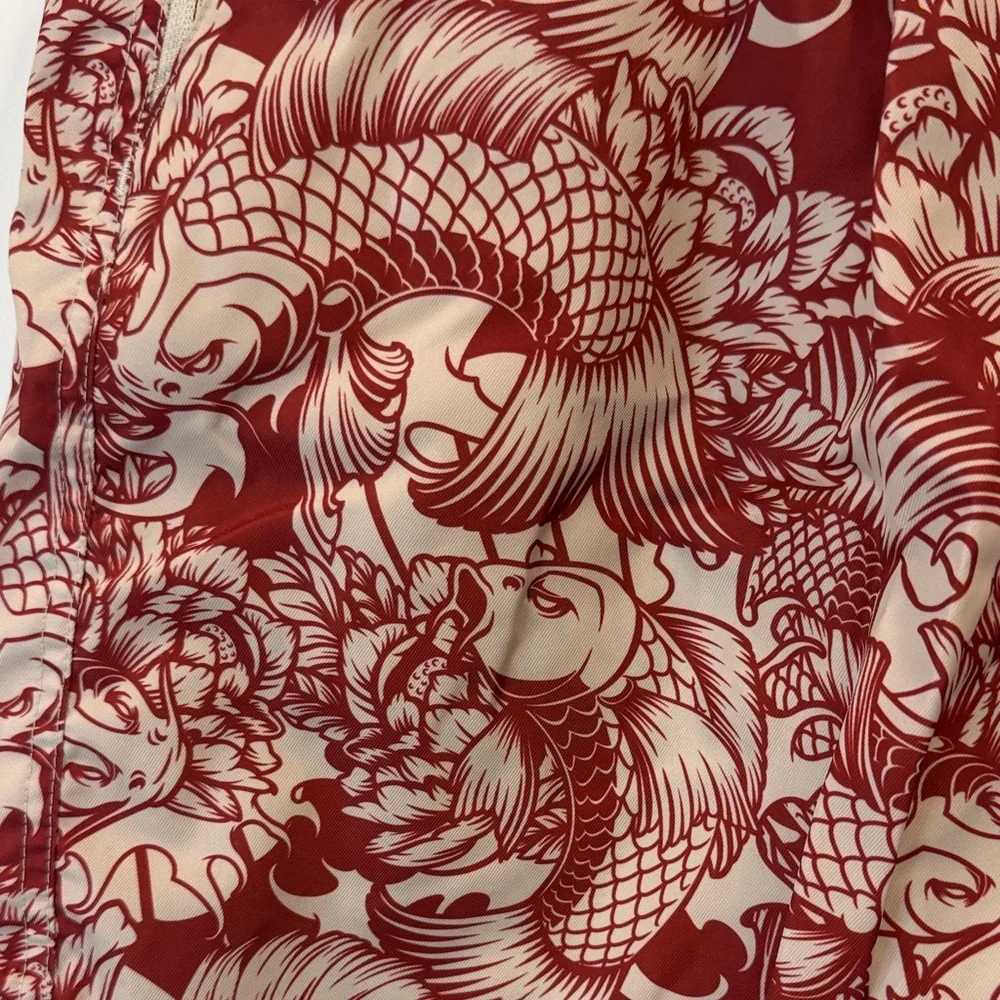 Red Koi-Print Flat Front Men's Shorts with Drawstring - Picture 2 of 5